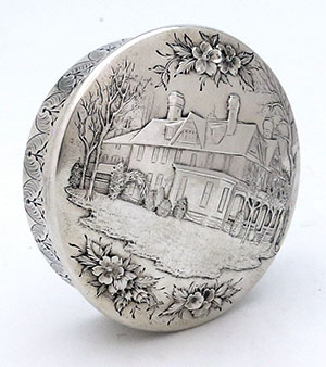 S Kirk and Son sterling landscape round table box hand chased silver
